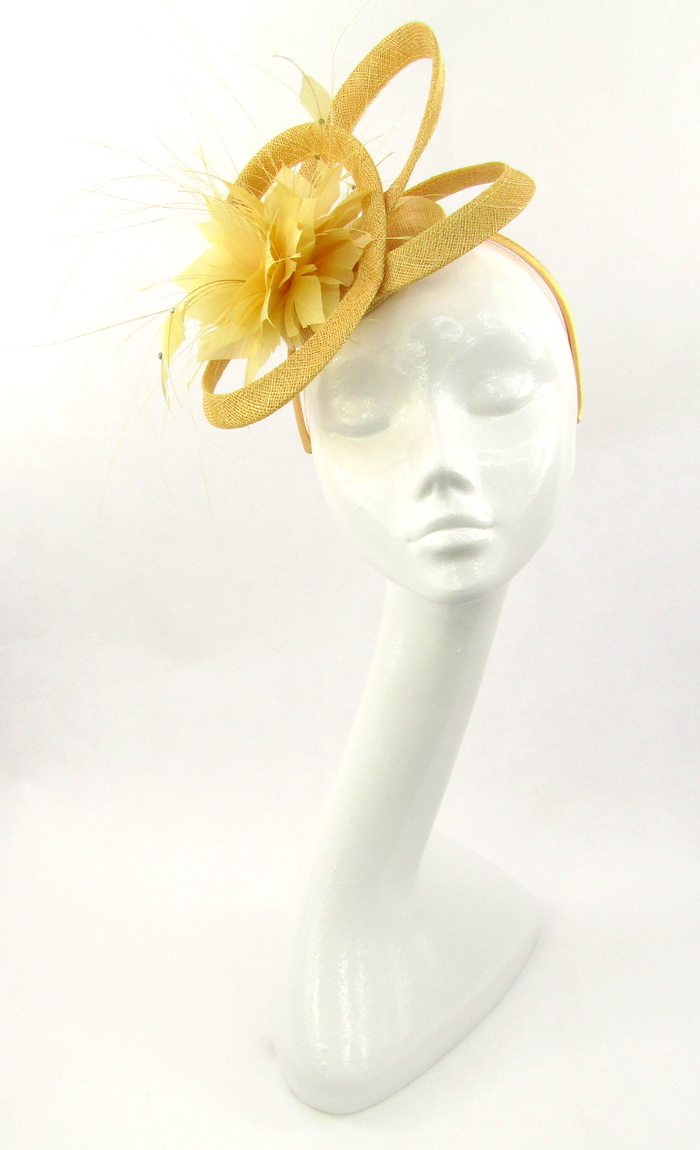 Sunflower Yellow Small Sinamay Looped & Feather Fascinator | Races Hats